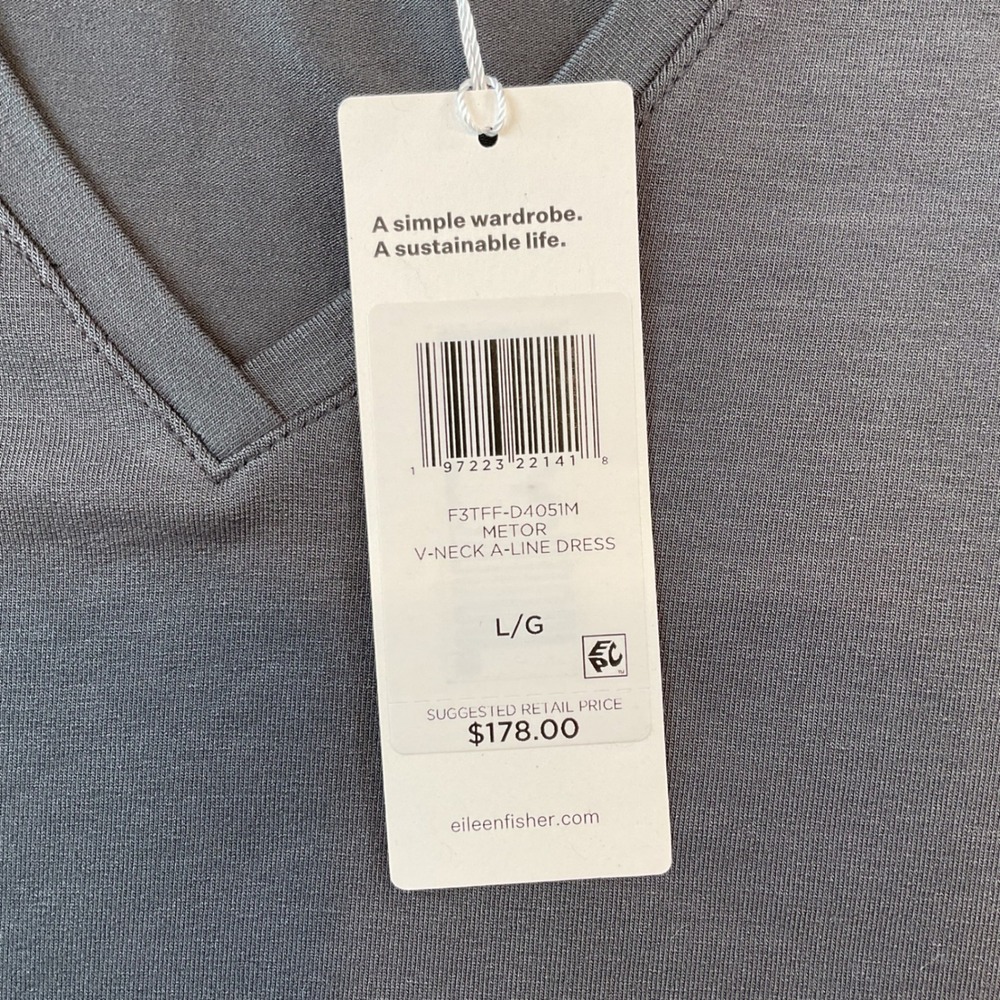 Eileen Fisher Metor Grey Tencel V-Neck A-Line Dress 3/4 Sleeve Pockets L NEW - Picture 6 of 10